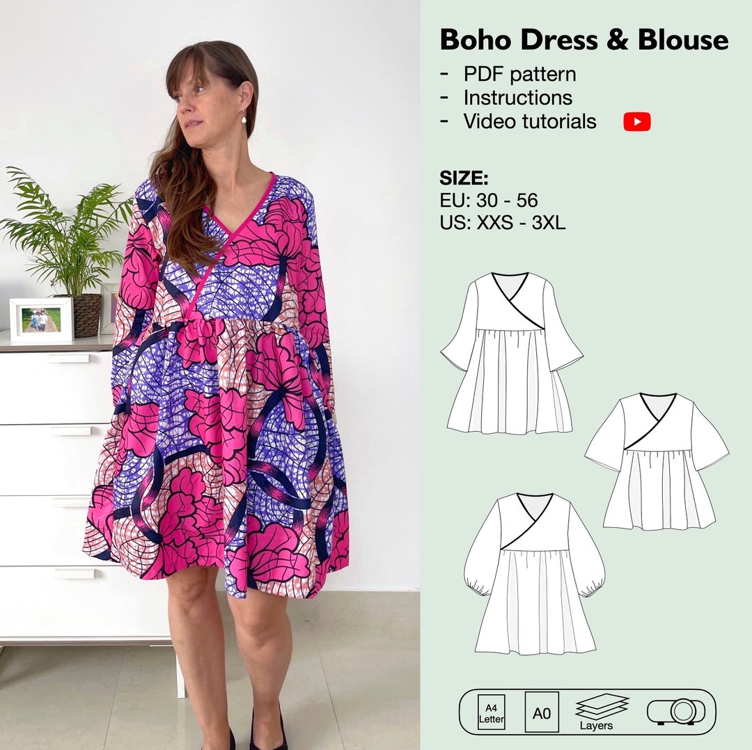 Women Boho Dress and Blouse Pdf Sewing Pattern, Dress With Bell Sleeves ...