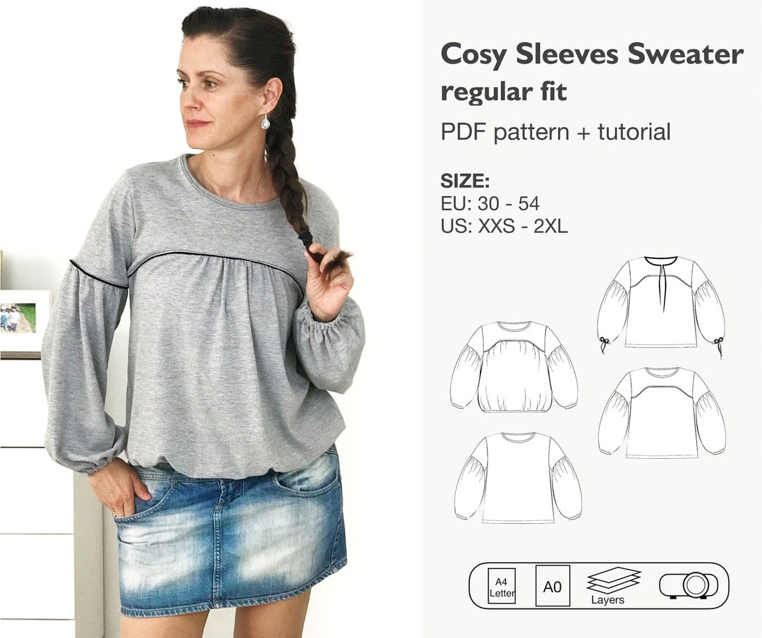 Women Sweater Pdf Sewing Pattern, Balloon Sleeves Sweater Pattern ...