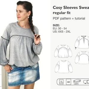 Könnte beinhalten: Ein PDF-Schnittmuster für einen gemütlichen Pullover mit langen Ärmeln und einer regulären Passform. Das Schnittmuster enthält Anweisungen für die Größen EU 30-54 und US XXS-2XL. Das Schnittmuster ist in den Größen A0 und A4 erhältlich.