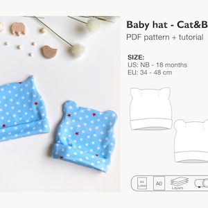 Könnte beinhalten: Ein PDF-Muster und eine Anleitung für eine Baby-Mütze mit Katzenohren. Die Mütze ist blau mit weißen Sternen und roten Akzenten. Das Muster umfasst Größen für Neugeborene bis 18 Monate, mit Maßen in Zentimetern. Das Muster ist in den Größen A4 und A0 erhältlich.