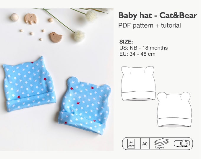 Baby cat & bear hat sewing pattern