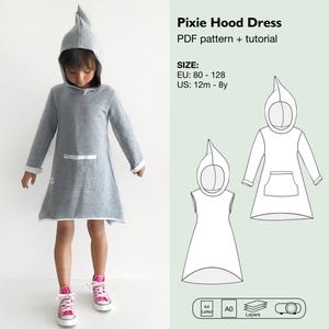 Patrón de vestido con capucha para niña, vestido con capucha estilo duendecillo, vestido con capucha y bolsillo tipo canguro, vestido playero para bebé, vestido sin mangas, túnica, descarga instantánea