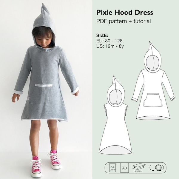 Girls hood dress pattern, pixie hood dress, hoodie dress with kangaroo pocket, baby beach dress, sleeveless dress, tunic, instant download
