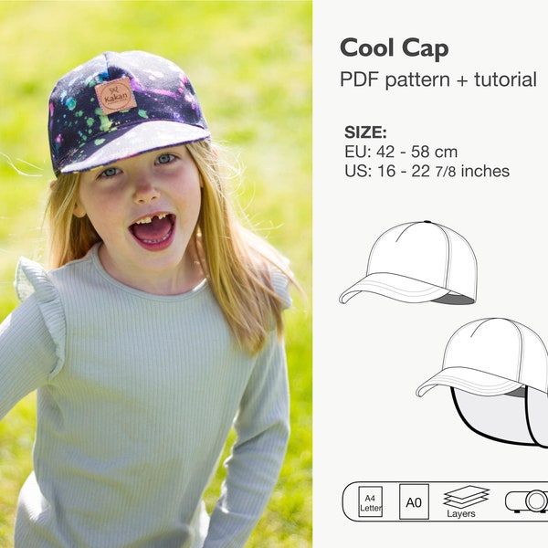 Patron de couture de casquette de baseball, casquette enfant, chapeau d'été avec cache-cou, casquette garçon et fille, chapeau de soleil, protection solaire chapeau de plage, téléchargement immédiat