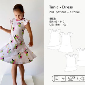 May include: A PDF sewing pattern for a tunic dress with a toucan print. The pattern includes sizes EU 86-140 and US 18m-10y. The pattern is available in A0 and A4 sizes.
