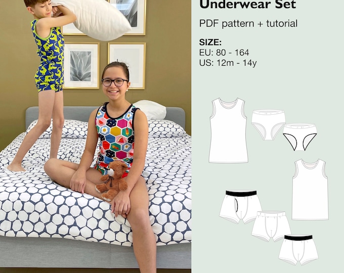 Boys and girls underwear set pdf sewing pattern, vest and boxer, briefs, undies, children underclothes, underclothing, tank top, undershirt