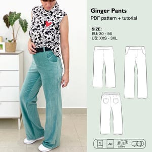 Women high waist wide leg pants sewing pattern, trousers with elasticated waist and faux mock fly, pants with pockets, culotte pants pattern