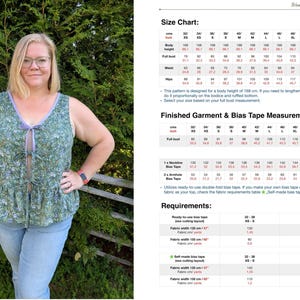 May include: A woman wearing a green floral print top with a V-neck and a bow detail. The top has a ruffled hem and is paired with blue jeans. A size chart and garment measurements are visible.
