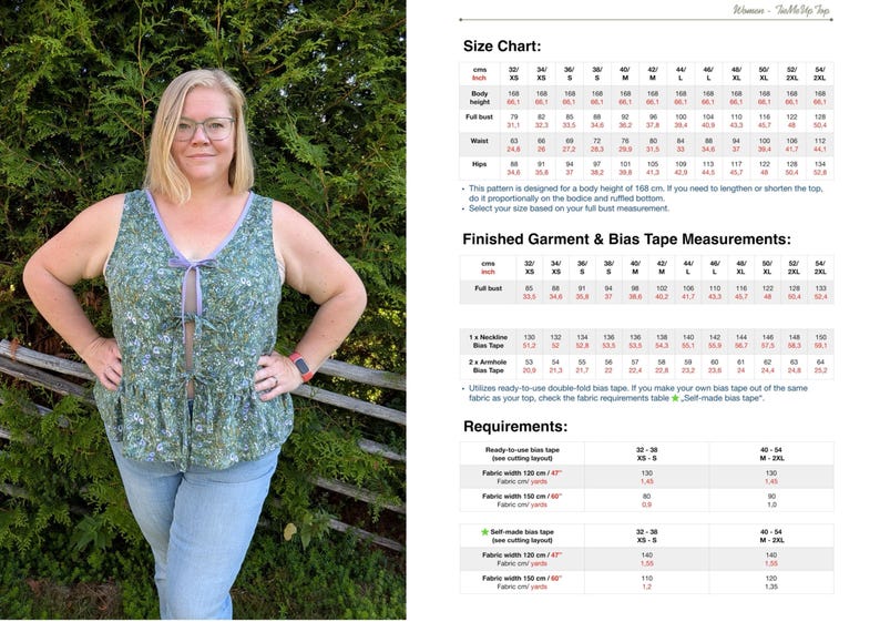 May include: A woman wearing a green floral print top with a V-neck and a bow detail. The top has a ruffled hem and is paired with blue jeans. A size chart and garment measurements are visible.