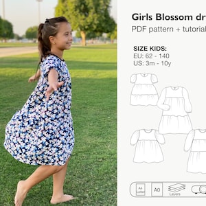 Girls tiered dress sewing pattern, ruffle tunic pdf pattern, long puffed sleeve dress, instant download, hippie bohemian dress pattern
