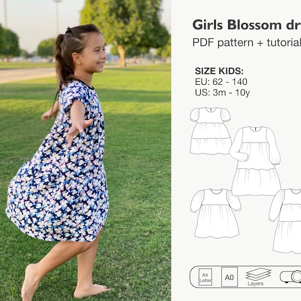 Girls tiered dress sewing pattern, ruffle tunic pdf pattern, long puffed sleeve dress, instant download, hippie bohemian dress pattern