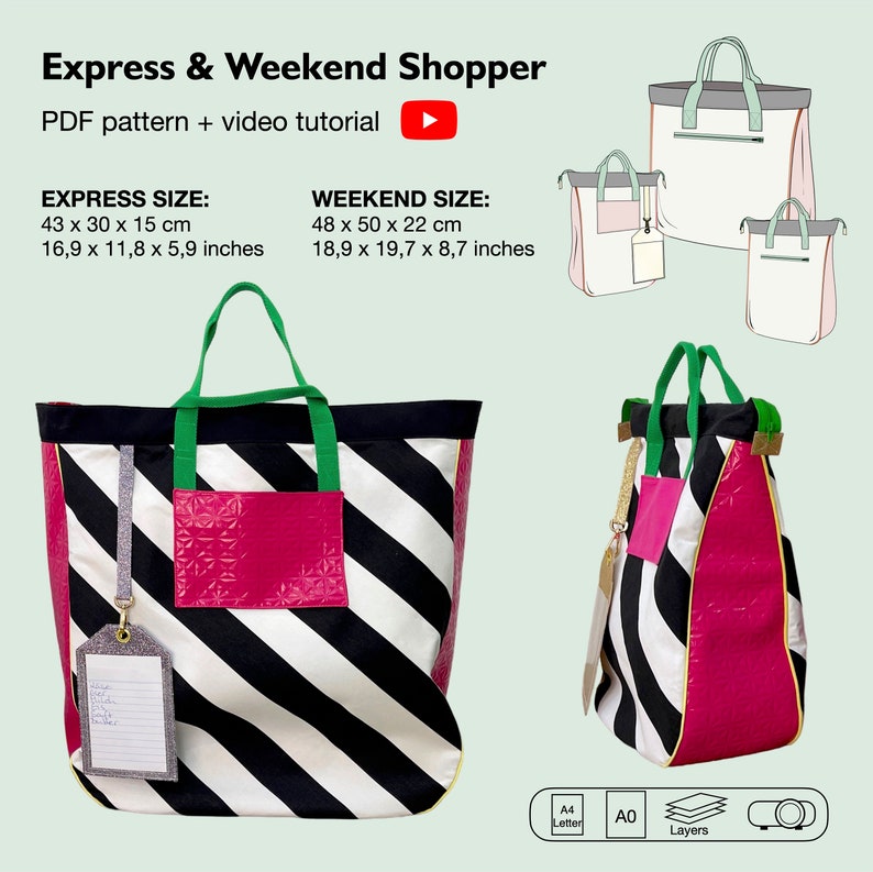 May include: A black and white striped tote bag with a pink pocket and green handles. The bag is 16.9 inches wide, 11.8 inches tall, and 5.9 inches deep. The bag is shown next to a smaller version of the same bag, which is 18.9 inches wide, 19.7 inches tall, and 8.7 inches deep. The image also includes a PDF pattern and video tutorial for making the bag.