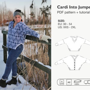 Women cardigan jumper sewing pattern, slouchy women sweater pdf pattern, v neck bat wings sweatshirt, batwing pullover, instant download