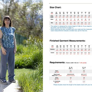 May include: A size chart and finished garment measurements for a sewing pattern. The chart includes measurements in inches for bust, waist, hips, body height, and finished garment measurements for waistline and inseam. The chart includes sizes from XXS to 5XL.