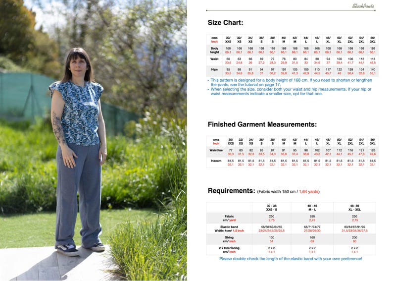 May include: A size chart and finished garment measurements for a sewing pattern. The chart includes measurements in inches for bust, waist, hips, body height, and finished garment measurements for waistline and inseam. The chart includes sizes from XXS to 5XL.