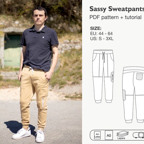 Men sweatpants sewing pattern, jogger pattern, slim fit pants, pants with pockets, loungewear pants, tracksuit, men trouser, skinny pants