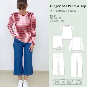 Women shirt and pants sewing pattern set, shirt with bishop sleeves, wide legged pants, culotte pants, short and long sleeve top, high waist