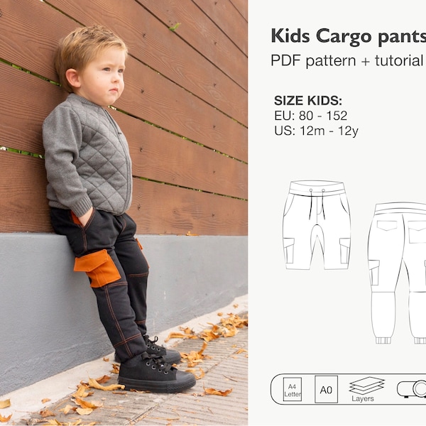 Kids cargo pants jogger sewing pattern, cargo bermuda shorts pdf pattern, boys and girls trouser, pants with pockets, pdf instant download