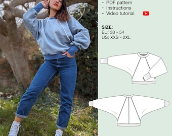 Oversized sweatshirt pdf sewing pattern, batwing sleeves sweater, cropped sweater, woman jumper pattern, instant download, youth big sweater