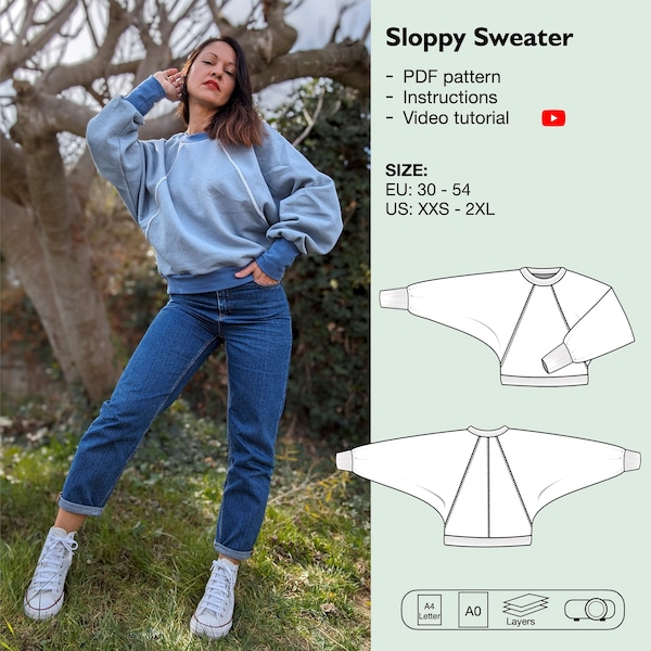 Oversized sweatshirt pdf sewing pattern, batwing sleeves sweater, cropped sweater, woman jumper pattern, instant download, youth big sweater