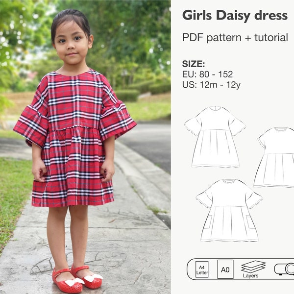 Girls high waist dress sewing pattern, oversized dolman dress pdf pattern, girls daisy dress, long sleeve dress, instant download pattern