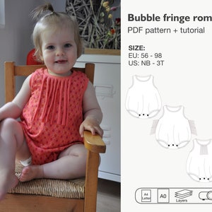 Bubble fringe romper pattern, baby playsuit sewing pattern, bodysuit pattern, jumpsuit pattern, baby onesie pattern, baby swimsuit pattern