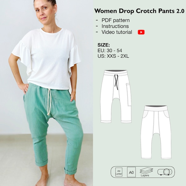 Women drop crotch pants sewing pattern, women jogger pants, loungewear pants, sweatpants, loose fit pants, women harem pants, deep crotch