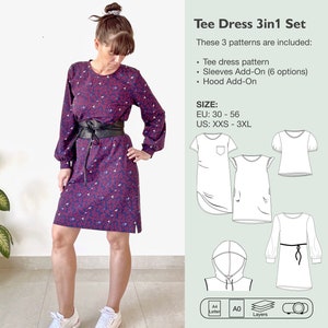 Könnte beinhalten: Ein digitales Schnittmuster für ein T-Shirt-Kleid mit optionalen Ärmeln und einer Kapuze. Das Schnittmuster enthält Anweisungen für die Größen EU 30-56 und US XXS-3XL. Das Bild zeigt eine Frau, die ein rot-blaues Kleid mit Blumenmuster trägt, sowie Illustrationen der verschiedenen Schnittteile.