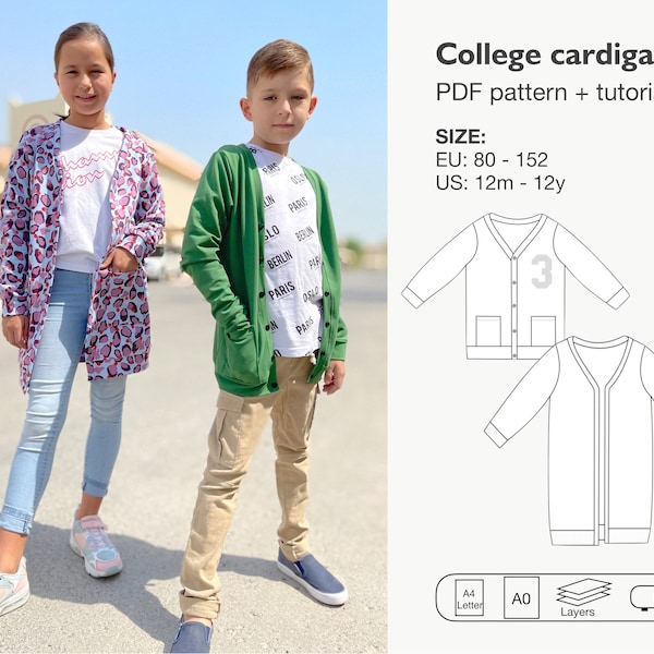 Cardigan pdf sewing pattern, boys college jacket pattern, long cardigan, cardigan jacket with pockets, girls long cardigan pdf pattern