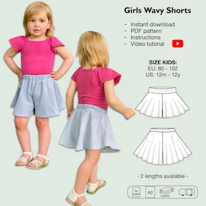 Girls skort sewing pattern, mini culotte, divided skirt, trouser skirt, pantskirt, skirt-like shorts, circle shorts, wide legged shorts