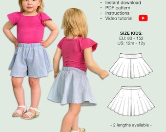 Girls Skort Sewing Pattern, Mini Culotte, Divided Skirt, Trouser