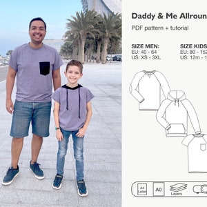 パパと私ラグラン セーター シャツの縫製パターン、カンガルー ポケット付き男性パーカー、フード付き男の子シャツ、女性ラグラン ジャンパー、クルーネック シャツ