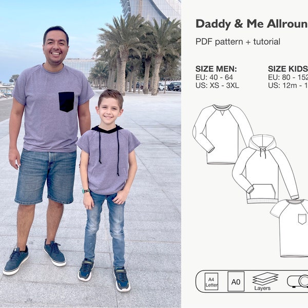 Daddy and me raglan sweater shirt sewing pattern, man hoodie with kangaroo pocket, boy shirt with hood, woman raglan jumper, crewneck shirt