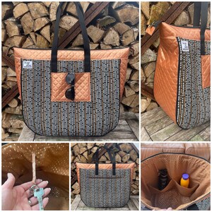 May include: A black and brown tote bag with a zip closure and a pocket on the front. The bag features a white and brown geometric pattern. The bag is shown from various angles and with different contents, including sunglasses, a key, and a water bottle.
