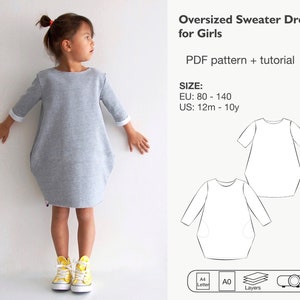 Girls sweatshirt dress pattern pdf, oversized sweater sewing pattern, girls dress pattern, girls dress sewing pattern pdf, instant download