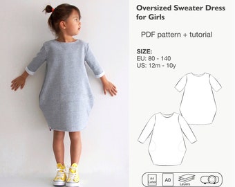 Girls sweatshirt dress pattern pdf, oversized sweater sewing pattern, girls dress pattern, girls dress sewing pattern pdf, instant download