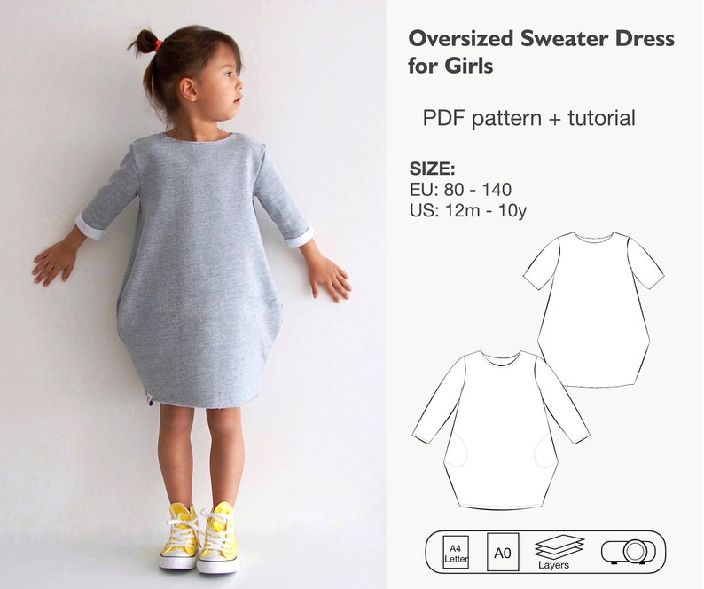 Girls sweatshirt dress pattern pdf, oversized sweater sewing pattern, girls dress pattern, girls dress sewing pattern pdf, instant download image 1