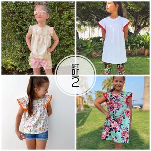 Könnte beinhalten: Set aus zwei Mädchenkleidern mit Rüschenärmeln. Das erste Kleid ist weiß mit roten Bommeln an den Ärmeln. Das zweite Kleid ist grün mit einem Blumenmuster und roten Bommeln an den Ärmeln. Der Text "SET OF 2" befindet sich in der Mitte des Bildes.