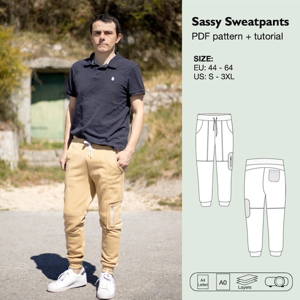 Men sweatpants sewing pattern, jogger pattern, slim fit pants, pants with pockets, loungewear pants, tracksuit, men trouser, skinny pants