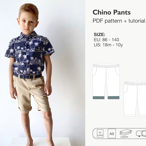 Chino shorts sewing pattern, boy pants with pockets, Bermuda shorts sewing pattern, children summer pants, kids trousers, instant download
