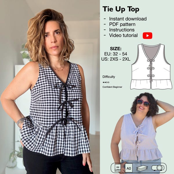 Patrón de costura en PDF para top de mujer con volantes y lazo frontal, patrón de top fácil, top kimono, top con volantes, top con lazo, patrón de top de verano, top para jóvenes y adolescentes.