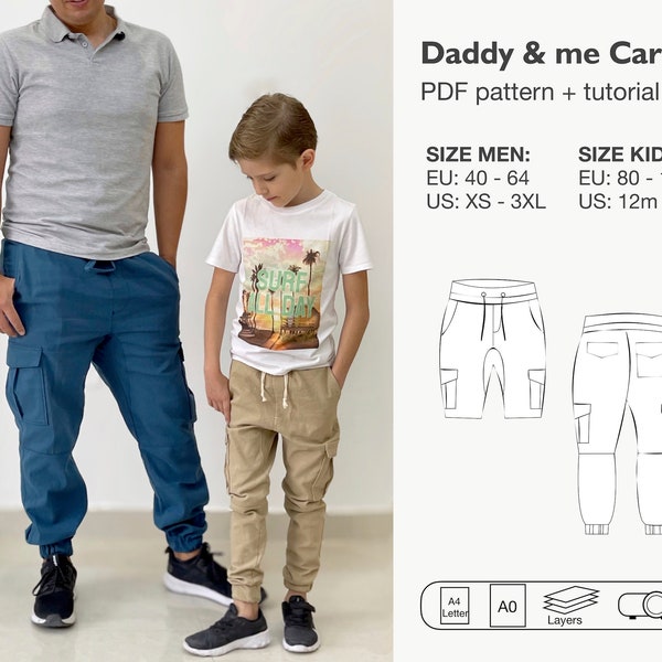 Patron de couture pantalon cargo papa et moi jogger, patron pdf bermuda, pantalon entrejambe profond homme et enfant, patron pdf pantalon assorti