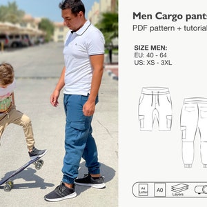 Men cargo pants jogger sewing pattern, cargo bermuda shorts pdf pattern, men deep crotch trouser, pants with pockets, pdf instant download