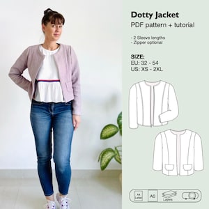 Women short jacket sewing pattern, short coat pattern, cropped jacket, 3/4 sleeve jacket, french couture jacket, office jacket, coco jacket