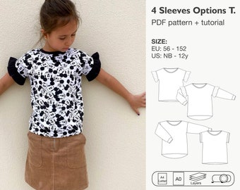 4 sleeve options t-shirt pdf sewing pattern, boys and girls shirt, long sleeve shirt, ruffle sleeve top, girls cropped top, instant download