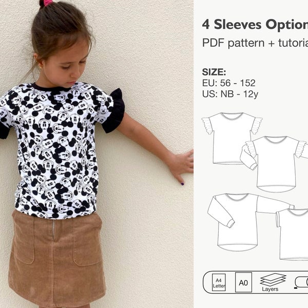 4 sleeve options t-shirt pdf sewing pattern, boys and girls shirt, long sleeve shirt, ruffle sleeve top, girls cropped top, instant download