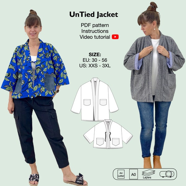 Cartamodello pdf per giacca kimono da donna, kimono corto e lungo oversize, cardigan, caftano con tasche, giacca avvolgente, involucro haori