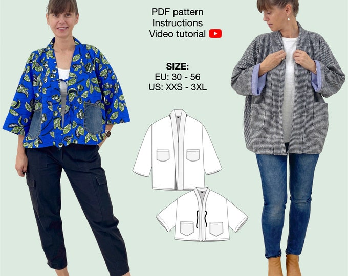 Women kimono jacket pdf sewing pattern, oversized cropped and long kimono, cardigan, kaftan with pockets, wrap jacket, haori robe wrapper