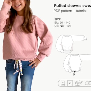 Wzór na bluzę raglanową dla dziewcząt w formacie PDF, wzór na sweter dla dzieci, wzór na koszulę z bufiastymi rękawami w formacie PDF, wzór na bluzę dla dzieci w formacie PDF