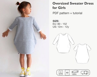 Girls sweatshirt dress pattern pdf, oversized sweater sewing pattern, girls dress pattern, girls dress sewing pattern pdf, instant download